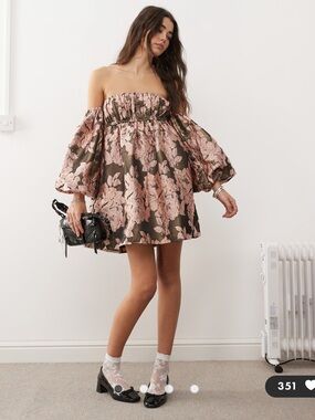 Off-Shoulder Floral Mini Dress in Pink and Olive